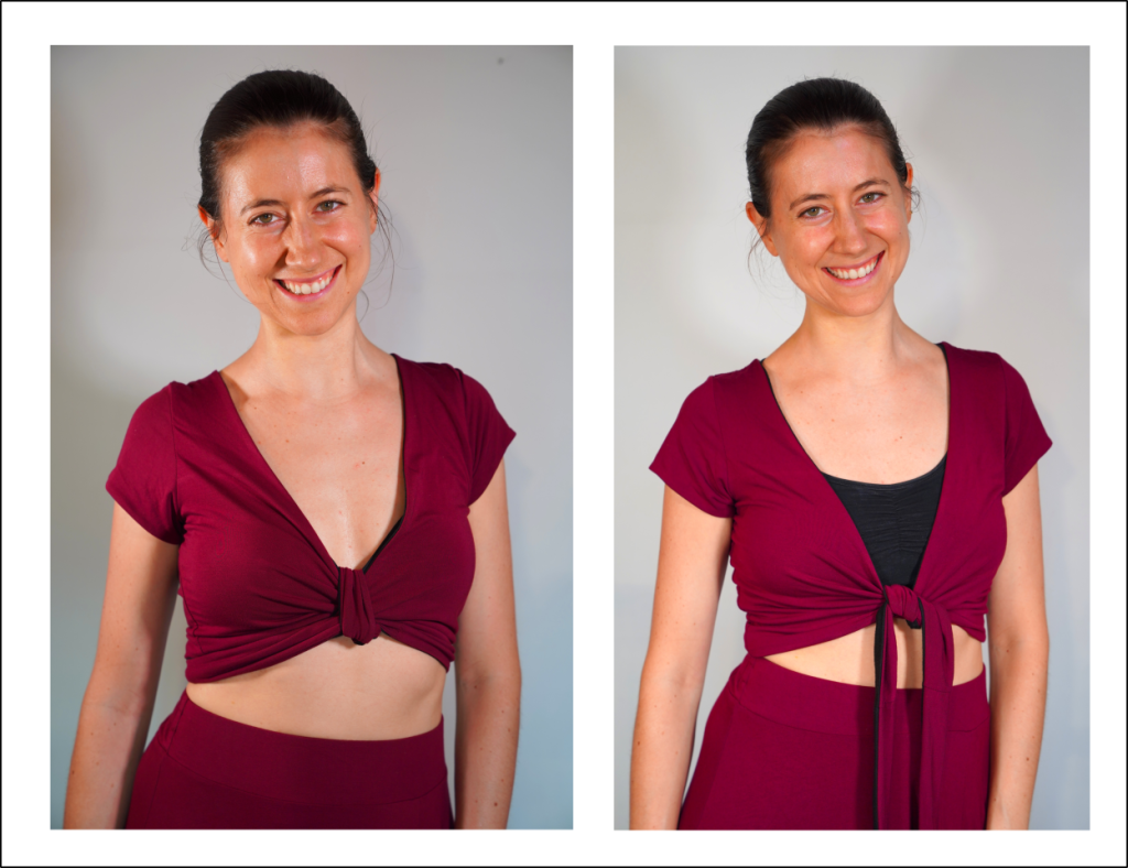 2 verschiedene Looks des Wickeltops